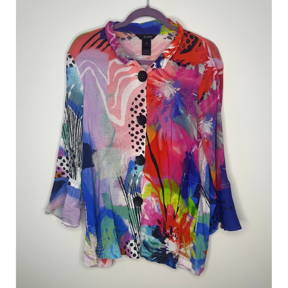Ali Miles Mix Print Wearable Art to Wear Blouse Button Artsy Wired Collar Top M - Picture 2 of 13